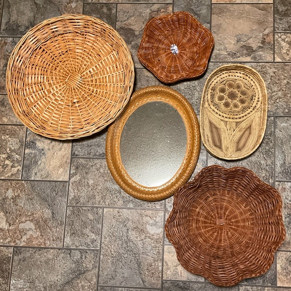 5pc Bohemian Mirror & Basket Grouping, All Vintage